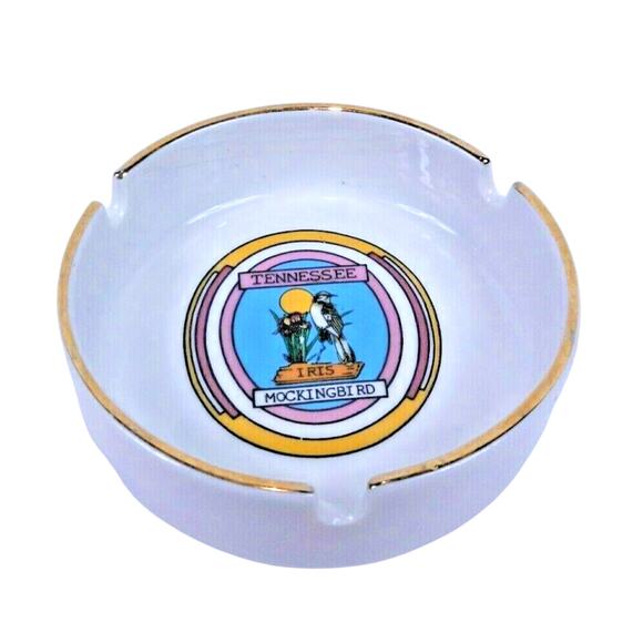 Vintage Tennessee Souvenir Ashtray Round Mockingbird Iris with Gold Trim - Picture 1 of 4